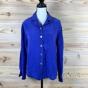 Edward Button Down Shirt Women L Royal Blue Silk Long Sleeve Textured Blouse